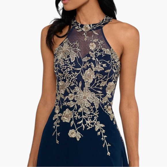 🌻NEW w/tag Betsy & Adam Embroidered Chiffon Halter A-Line Long Gown 10 - Picture 4 of 13